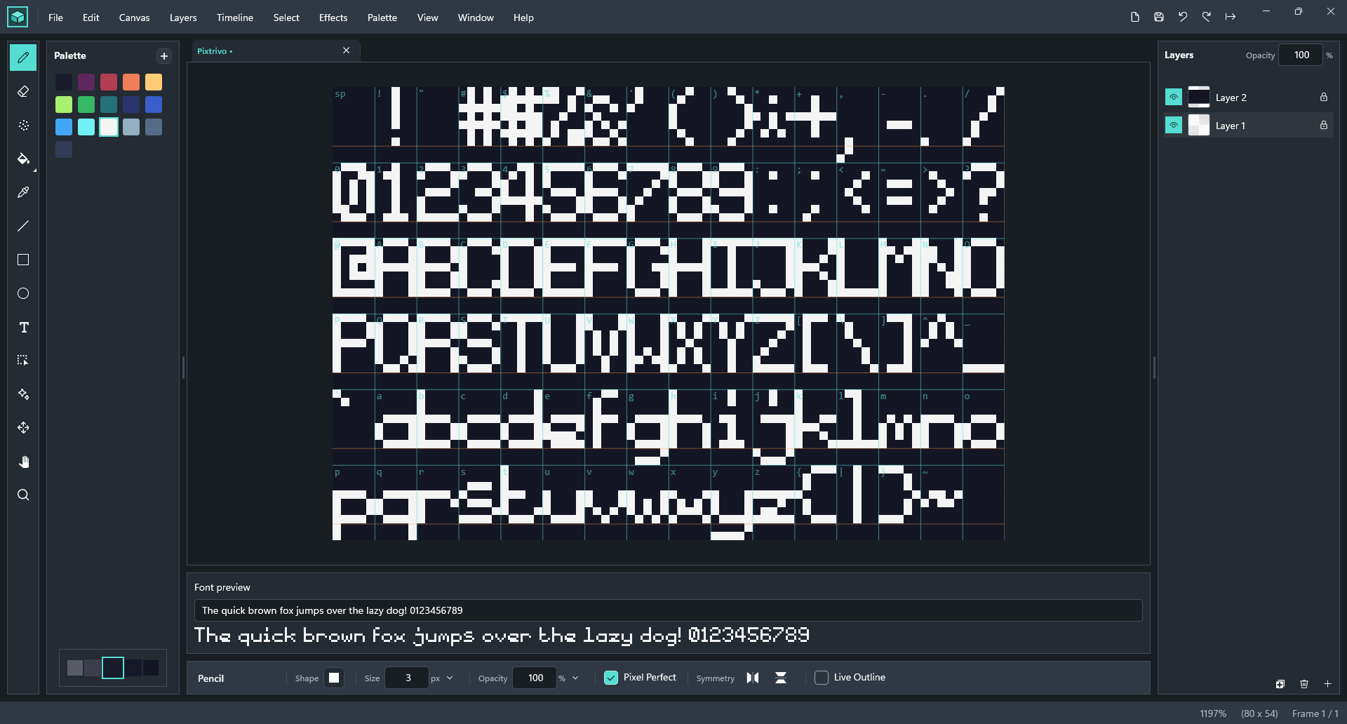 A pixel font being designed in Rastrivo Studio, with its letters laid out in a grid