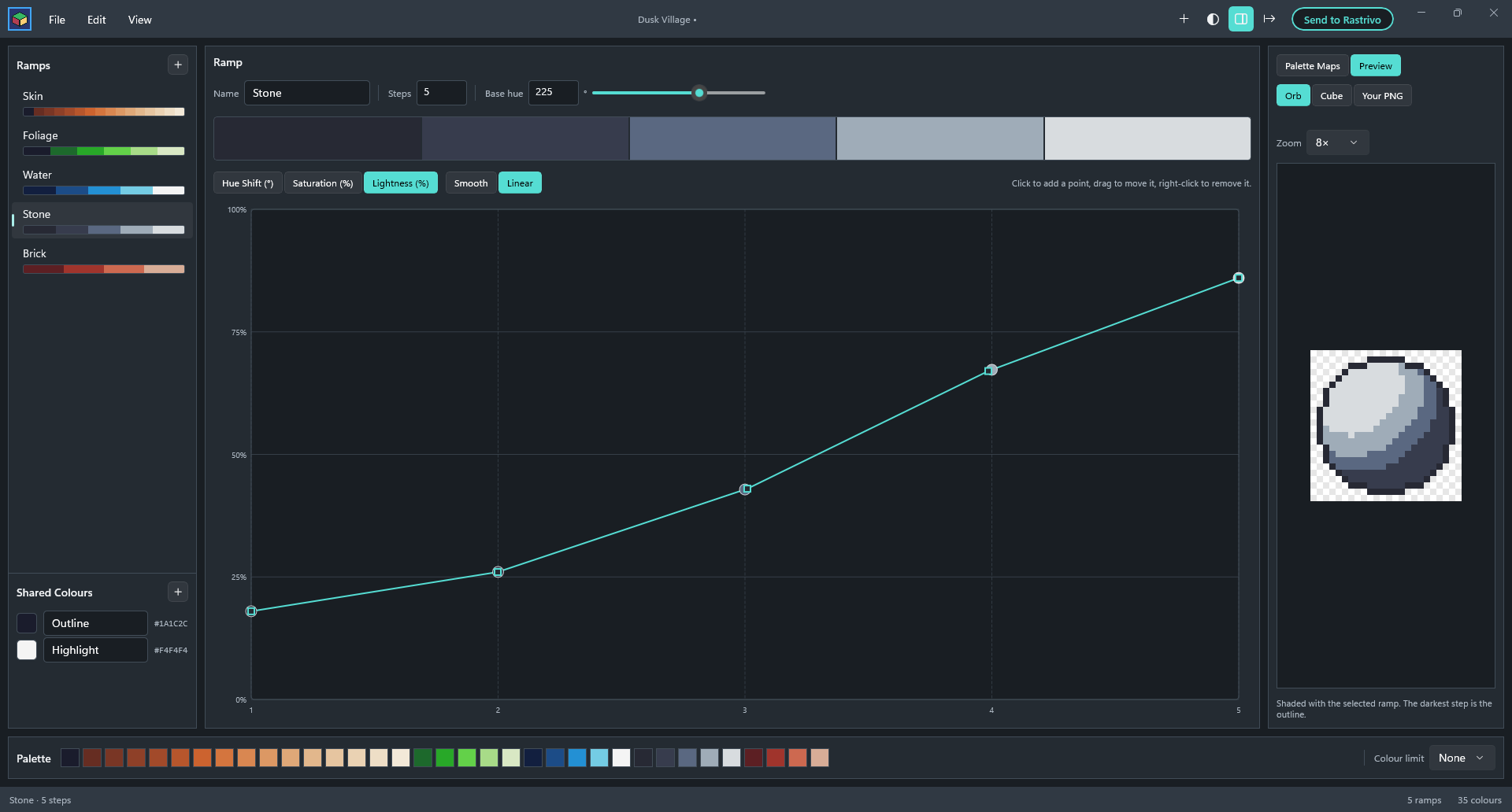 Huetrivo’s main window: a list of ramps, the selected ramp’s steps and curve editor, and the hue wheel