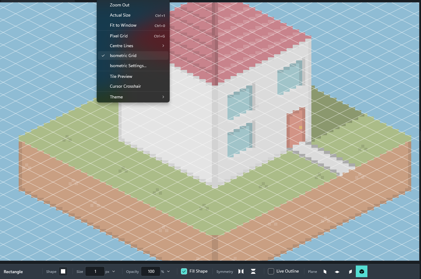 The View menu with Isometric Grid ticked, over an isometric house drawn on the grid