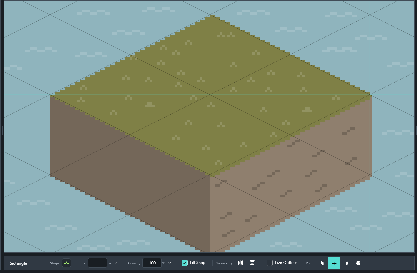 An isometric block of grass and earth drawn on the tile grid