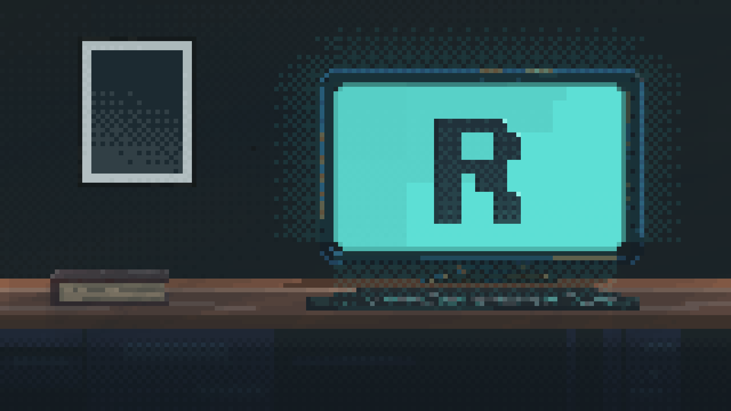 Pixel art of a desk with a glowing monitor showing the Rastrivo Studio cube