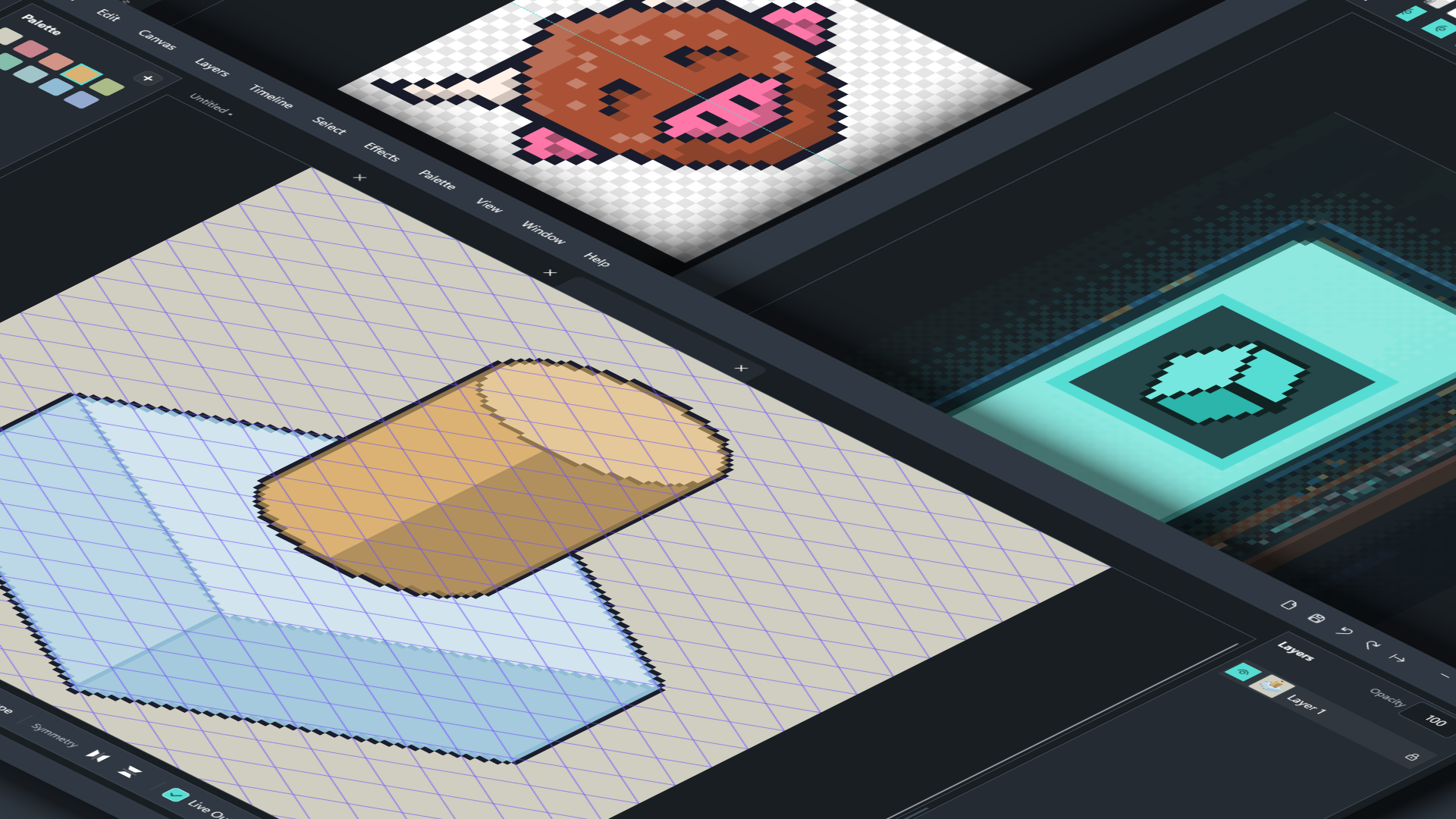 Rastrivo Studio windows showing a pixel art bull, isometric box and cylinder, and the Rastrivo logo