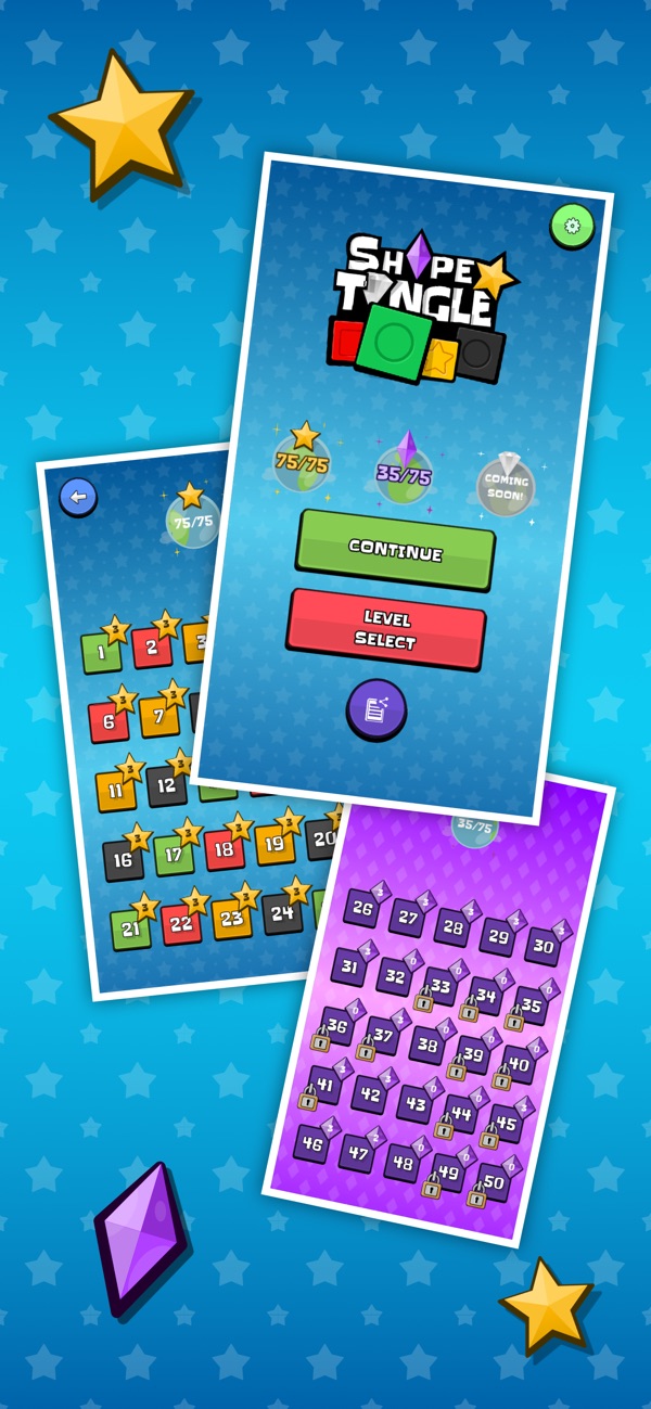 ShapeTangle title screen and level select, with stars and gems collected
