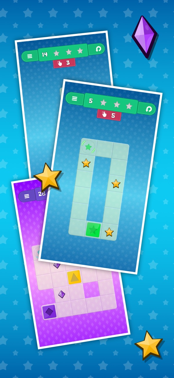 Early levels: slide a green block to its portal and collect the stars