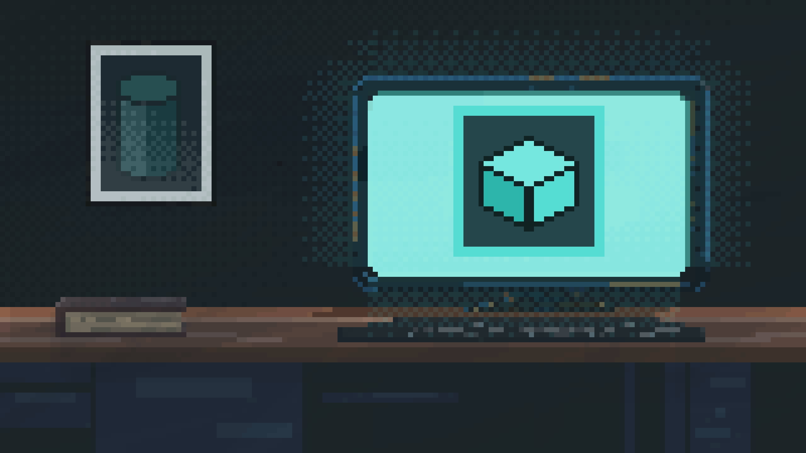 The current Rastrivo Studio splash screen: a pixel art desk at night with a framed picture on the wall and a glowing monitor showing the Rastrivo cube logo.